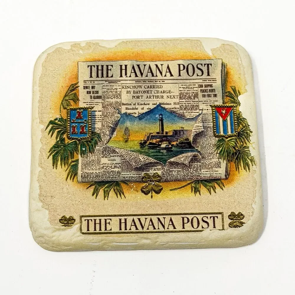 Vintage Stoneware Coaster Set Travel Cigar Label Style Havana Rome Darjeeling